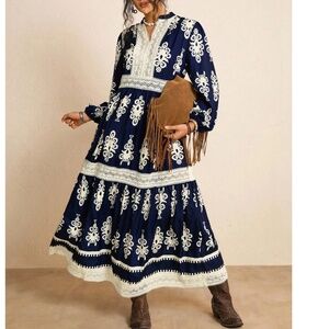 Plus Print Notched Neck lace High Waisted Long Sleeve Dress